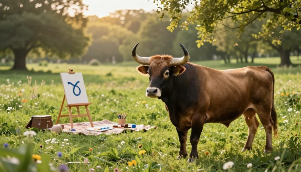 A serene and harmonious scene depicting the zodiac sign Taurus, represented as a majestic bull in a lush, vibrant green field. The bull stands confidently in the foreground, its strong physique symbolizing determination and stability, while surrounded by wildflowers that signify creativity and artistic expression. In the middle ground, a cozy picnic setup features an easel, paints, and a sketchbook, illustrating the hobbies and passions associated with Taurus individuals. Soft, golden light filters through the trees in the background, creating a warm and inviting atmosphere, while a gentle breeze rustles the leaves. The overall mood is tranquil and inspiring, reflecting the artistic potential and grounded nature of those born under the Taurus sign, captured with a wide-angle lens to emphasize the expansive beauty of the landscape.