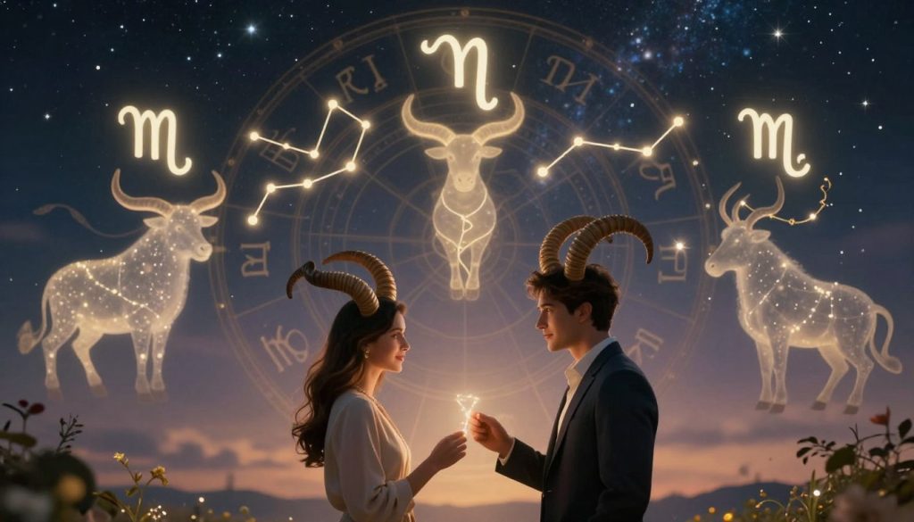 A serene and harmonious scene representing zodiac compatibility, focusing on Capricorn compatibility with other signs. In the foreground, two symbolic Capricorn figures, elegantly dressed in professional attire, interact, showcasing a bond of friendship and romance. The middle ground features ethereal representations of zodiac signs like Taurus and Virgo, connected by glowing constellations and soft, intertwining vines, symbolizing relationships. The background depicts a dreamy starry night sky, with faint outlines of the zodiac wheel. Soft, warm lighting bathes the entire scene, creating an inviting and peaceful atmosphere. The image should evoke feelings of love and camaraderie, inspiring a sense of unity among the signs. The composition should be balanced, with a cinematic angle that enhances the depth and richness of the environment. A serene and harmonious scene representing zodiac compatibility, focusing on Capricorn compatibility with other signs. In the foreground, two symbolic Capricorn figures, elegantly dressed in professional attire, interact, showcasing a bond of friendship and romance. The middle ground features ethereal representations of zodiac signs like Taurus and Virgo, connected by glowing constellations and soft, intertwining vines, symbolizing relationships. The background depicts a dreamy starry night sky, with faint outlines of the zodiac wheel. Soft, warm lighting bathes the entire scene, creating an inviting and peaceful atmosphere. The image should evoke feelings of love and camaraderie, inspiring a sense of unity among the signs. The composition should be balanced, with a cinematic angle that enhances the depth and richness of the environment.