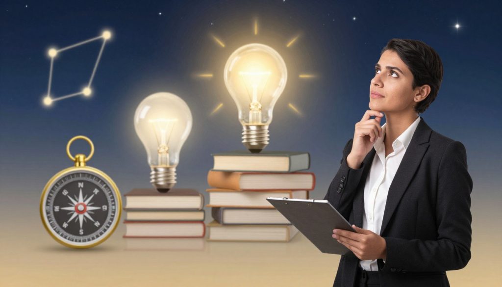 A serene and inspiring scene illustrating the golden rules of success for Aquarius. In the foreground, place a confident individual in professional business attire, standing thoughtfully with a notepad in hand. The middle ground features symbols of success such as a glowing light bulb, a stack of books, and a compass, representing wisdom and guidance. The background showcases a starry night sky with constellations, emphasizing the astrological theme. Soft, ethereal lighting bathes the scene in a warm glow, creating a motivational atmosphere. The composition should convey a sense of aspiration and clarity, inviting viewers to contemplate their journey to success.