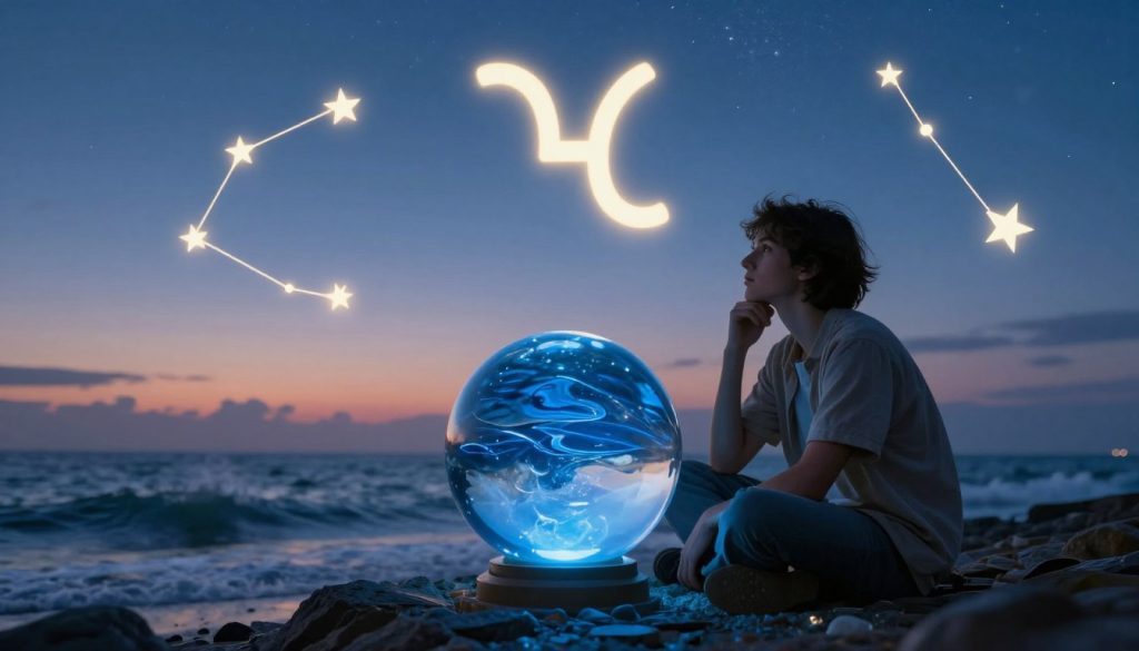 A serene and inspiring scene representing the zodiac sign Aquarius, showcasing an ethereal atmosphere. In the foreground, an illuminated crystal ball filled with vibrant water reflects the deep blue tones of the ocean, symbolizing intuition and emotional wisdom. The middle ground features a thoughtful figure dressed in modest casual clothing, gazing at the crystal ball with a look of contemplation. Surrounding the figure are soft, glowing constellations of stars in the shape of an Aquarius symbol, interspersed with gentle waves. The background features a dreamy night sky transitioning from twilight to a starry expanse, emphasizing tranquility. The scene is bathed in soft, ambient lighting, creating a peaceful and reflective mood as if inviting the viewer to consider personal growth and insights. A serene and inspiring scene representing the zodiac sign Aquarius, showcasing an ethereal atmosphere. In the foreground, an illuminated crystal ball filled with vibrant water reflects the deep blue tones of the ocean, symbolizing intuition and emotional wisdom. The middle ground features a thoughtful figure dressed in modest casual clothing, gazing at the crystal ball with a look of contemplation. Surrounding the figure are soft, glowing constellations of stars in the shape of an Aquarius symbol, interspersed with gentle waves. The background features a dreamy night sky transitioning from twilight to a starry expanse, emphasizing tranquility. The scene is bathed in soft, ambient lighting, creating a peaceful and reflective mood as if inviting the viewer to consider personal growth and insights.