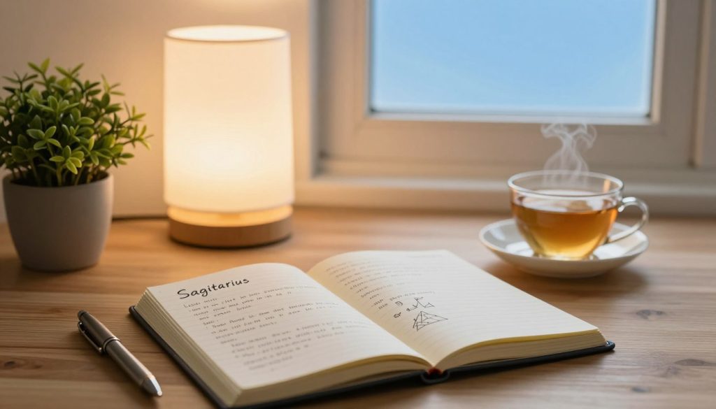 A serene and inspiring workspace featuring a wooden desk adorned with an open notebook filled with practical tips and astrological notes for Sagittarius. In the foreground, a stylish pen rests beside the notebook, with a small potted plant adding a touch of nature. The middle of the scene showcases a softly glowing lamp casting a warm light, highlighting a cup of herbal tea, symbolizing tranquility and reflection. In the background, a window reveals a clear blue sky, hinting at a bright day ahead. The overall atmosphere is calm yet motivational, embodying the essence of guidance and insight. Use soft, natural lighting to enhance the peaceful mood. Ensure the image conveys a sense of clarity and focus, suitable for an astrological guidance article. A serene and inspiring workspace featuring a wooden desk adorned with an open notebook filled with practical tips and astrological notes for Sagittarius. In the foreground, a stylish pen rests beside the notebook, with a small potted plant adding a touch of nature. The middle of the scene showcases a softly glowing lamp casting a warm light, highlighting a cup of herbal tea, symbolizing tranquility and reflection. In the background, a window reveals a clear blue sky, hinting at a bright day ahead. The overall atmosphere is calm yet motivational, embodying the essence of guidance and insight. Use soft, natural lighting to enhance the peaceful mood. Ensure the image conveys a sense of clarity and focus, suitable for an astrological guidance article.