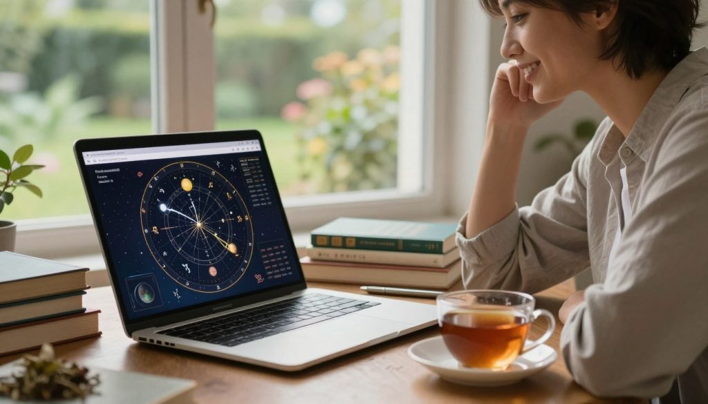 A serene and inviting digital workspace depicting a free online natal chart calculation. In the foreground, a laptop displays an intricate astrological chart filled with celestial symbols, planets, and zodiac signs, illuminated by soft, warm lighting. Beside the laptop, a neatly arranged set of astrology books and a cup of herbal tea evoke a tranquil atmosphere. The middle ground features an optimistic person dressed in smart casual attire, intently studying the chart, with a thoughtful expression. In the background, a large window lets in natural light, showcasing a peaceful garden scene that adds to the ambiance of self-discovery and exploration. The overall mood is calm and insightful, emphasizing the theme of personal growth through astrology.