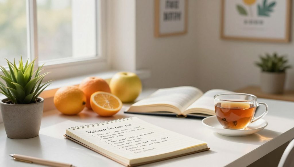 A serene and inviting workspace with a cozy atmosphere that reflects practical health advice. In the foreground, a neatly organized desk with a small potted plant, a cup of herbal tea, and a notepad filled with handwritten tips. In the middle, a calming scene includes a gentle light filtering through a window, illuminating an open book on wellness strategies and a few vibrant fruits scattered around. In the background, a soft-focus wall with framed motivational quotes and calming artwork. The mood is uplifting and supportive, with warm colors and natural lighting creating a sense of peace and inspiration. The composition is balanced and inviting, perfect for a motivational article. A serene and inviting workspace with a cozy atmosphere that reflects practical health advice. In the foreground, a neatly organized desk with a small potted plant, a cup of herbal tea, and a notepad filled with handwritten tips. In the middle, a calming scene includes a gentle light filtering through a window, illuminating an open book on wellness strategies and a few vibrant fruits scattered around. In the background, a soft-focus wall with framed motivational quotes and calming artwork. The mood is uplifting and supportive, with warm colors and natural lighting creating a sense of peace and inspiration. The composition is balanced and inviting, perfect for a motivational article.