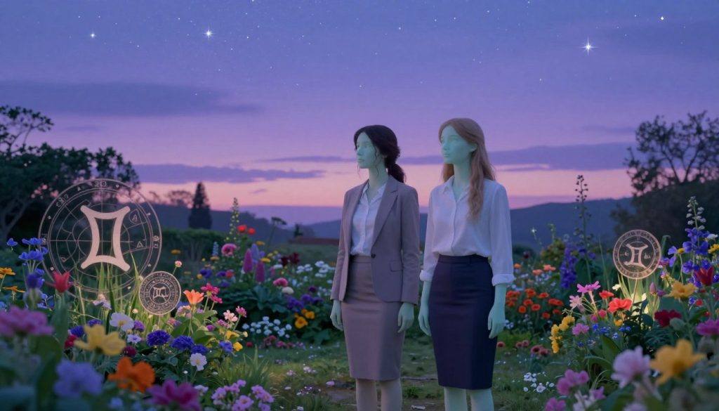 A serene and mystical landscape depicting the zodiac sign of Gemini for January. In the foreground, a pair of ethereal twin figures, dressed in elegant, modest business attire, are standing together, their expressions thoughtful and contemplative, symbolizing duality. In the middle ground, a lush garden filled with vibrant flowers and astrological symbols intertwined with the flora, enhancing the Gemini theme. The background features a twilight sky, painted with soft hues of purple and blue, littered with twinkling stars, suggesting the cosmos' influence on their fate. The lighting is soft and magical, creating a tranquil, hopeful atmosphere, with gentle shadows cast by the figures and surrounding elements. The composition should evoke a sense of wonder and anticipation for the future.