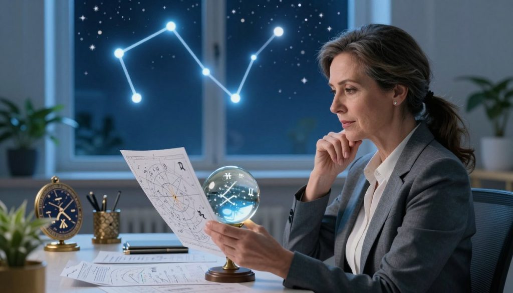 A serene and mystical scene representing the financial horoscope for Pisces. In the foreground, a mature professional woman, dressed in stylish business attire, is thoughtfully analyzing a celestial chart filled with symbols and astrological signs, holding a crystal ball with subtle reflections of the zodiac symbols. In the middle ground, an elegant desk adorned with financial documents, zodiac-themed decor, and plants creates a sense of professionalism. The background features a window showing a night sky filled with stars and the glowing constellation of Pisces. Soft moonlight bathes the scene in a calming blue hue, enhancing a reflective and optimistic atmosphere, ideal for focusing on financial and career insights. A serene and mystical scene representing the financial horoscope for Pisces. In the foreground, a mature professional woman, dressed in stylish business attire, is thoughtfully analyzing a celestial chart filled with symbols and astrological signs, holding a crystal ball with subtle reflections of the zodiac symbols. In the middle ground, an elegant desk adorned with financial documents, zodiac-themed decor, and plants creates a sense of professionalism. The background features a window showing a night sky filled with stars and the glowing constellation of Pisces. Soft moonlight bathes the scene in a calming blue hue, enhancing a reflective and optimistic atmosphere, ideal for focusing on financial and career insights.