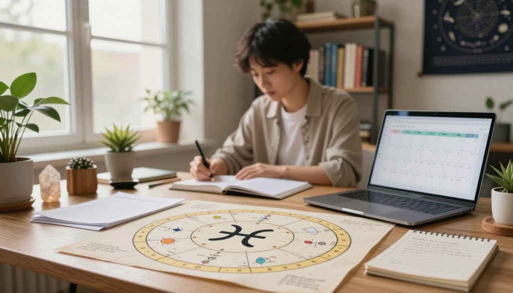 A serene and organized workspace illuminated by soft, warm light from a large window. In the foreground, a detailed astrology chart featuring the Pisces symbol, surrounded by notes and a laptop displaying a digital calendar. In the middle ground, a person dressed in professional business attire or modest casual clothing is focused on planning their day, surrounded by calming decor like plants and crystals. The background includes a bookshelf filled with astrology books and a subtle hint of a zodiac-themed calendar hanging on the wall. The overall mood conveys a sense of clarity and tranquility, symbolizing the thoughtful arrangement of one's day according to the horoscope, with an emphasis on balance and positivity.