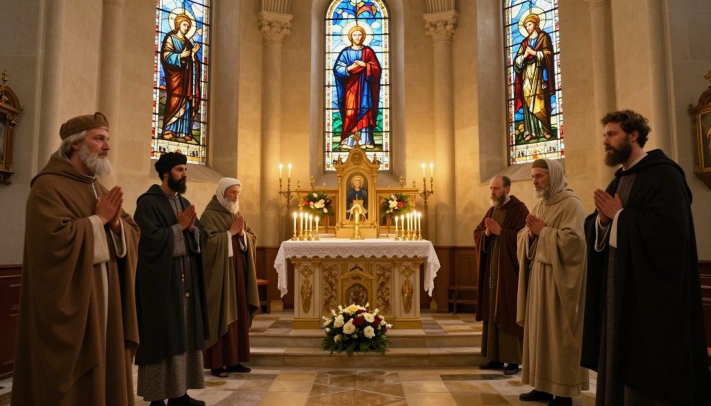 A serene and sacred scene capturing the essence of the history of saints in a Ukrainian church setting. In the foreground, a group of diverse figures representing historical saints in modest traditional attire, depicted with reverent expressions. In the middle, an ornate altar adorned with candles and flowers, surrounded by soft, warm golden lighting illuminating the atmosphere. The background features stained glass windows depicting saintly figures, casting colorful reflections onto the stone floor. The scene conveys a sense of peace, spirituality, and historical significance, inviting contemplation and reflection. The composition should be framed with a gentle upward angle, emphasizing the ethereal quality of the space, evoking a feeling of reverence and connection to the past. A serene and sacred scene capturing the essence of the history of saints in a Ukrainian church setting. In the foreground, a group of diverse figures representing historical saints in modest traditional attire, depicted with reverent expressions. In the middle, an ornate altar adorned with candles and flowers, surrounded by soft, warm golden lighting illuminating the atmosphere. The background features stained glass windows depicting saintly figures, casting colorful reflections onto the stone floor. The scene conveys a sense of peace, spirituality, and historical significance, inviting contemplation and reflection. The composition should be framed with a gentle upward angle, emphasizing the ethereal quality of the space, evoking a feeling of reverence and connection to the past.