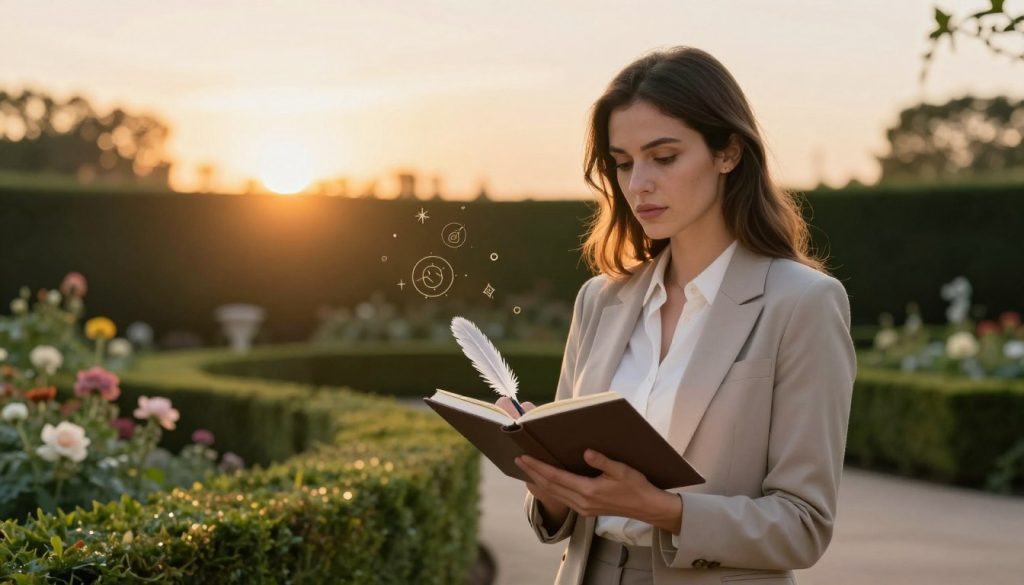 A serene and thoughtful Virgo zodiac figure personified as a woman stands gracefully in the foreground, dressed in elegant, modest attire reflecting sophistication and professionalism. Her expression is focused and analytical, exuding a sense of order and clarity. She holds a neatly organized notebook and a quill, symbolizing her meticulous nature. In the middle ground, a tranquil garden with neatly trimmed hedges and blooming flowers represents harmony and balance, while subtle astrological symbols float gently around her. The background showcases a soft, golden sunset with warm lighting that casts gentle shadows, creating a calming atmosphere. The overall mood conveys intellect, precision, and serenity, perfectly capturing the essence of Virgo. A serene and thoughtful Virgo zodiac figure personified as a woman stands gracefully in the foreground, dressed in elegant, modest attire reflecting sophistication and professionalism. Her expression is focused and analytical, exuding a sense of order and clarity. She holds a neatly organized notebook and a quill, symbolizing her meticulous nature. In the middle ground, a tranquil garden with neatly trimmed hedges and blooming flowers represents harmony and balance, while subtle astrological symbols float gently around her. The background showcases a soft, golden sunset with warm lighting that casts gentle shadows, creating a calming atmosphere. The overall mood conveys intellect, precision, and serenity, perfectly capturing the essence of Virgo.