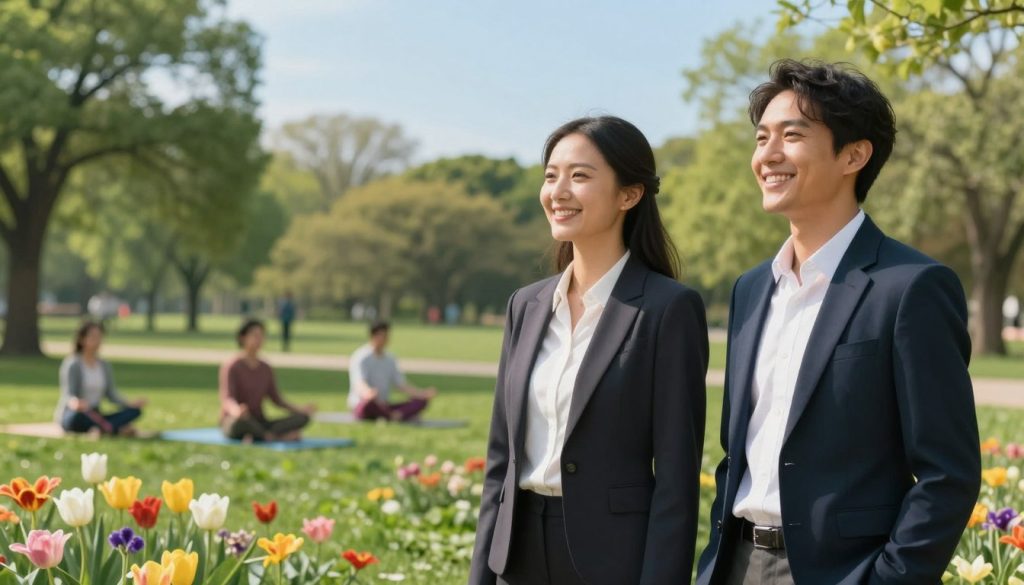 A serene and tranquil scene depicting the concept of Gemini health and well-being. In the foreground, visualize two smiling individuals in professional business attire, representing the Gemini twins, standing side by side in a lush green park filled with blooming flowers. Their expressions convey a sense of harmony and vitality. In the middle ground, emphasize vibrant nature, including trees and a clear blue sky, symbolizing a balanced state of mind. In the background, softly blurred silhouettes of people engaged in yoga and meditation highlight mental and physical wellness. The lighting is soft and warm, creating an uplifting atmosphere, captured with a slightly elevated angle to provide depth and clarity. The overall mood exudes positivity, health, and tranquility, perfectly aligning with the concepts of mental and physical health.