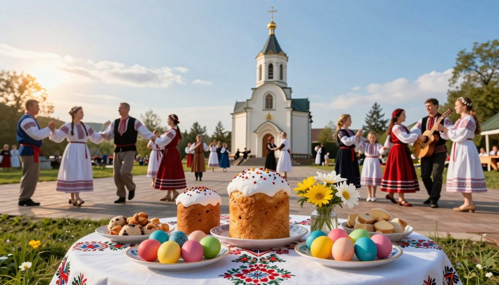 A serene and vibrant depiction of Ukrainian folk traditions and signs associated with church holidays. In the foreground, a beautifully decorated table laden with traditional dishes, such as paska bread, colored eggs, and flowers, symbolizing abundance and spring. The middle ground features a group of modestly dressed adults and children engaged in a festive outdoor celebration, showcasing traditional dances and music. In the background, an icon-adorned church stands against a clear blue sky. Soft, golden light cascades from the setting sun, creating a warm and inviting atmosphere. The scene evokes a sense of community, joy, and reverence, capturing the essence of today's church holidays in Ukraine.
