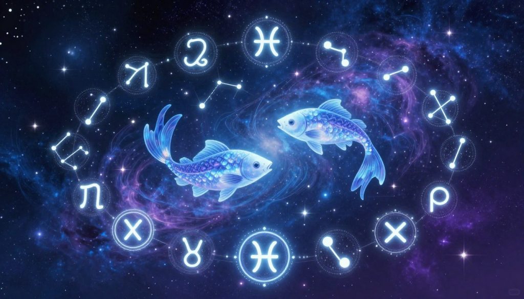 A serene astrological interpretation of the zodiac signs, featuring a vibrant representation of Pisces as the focal point. In the foreground, intricately designed zodiac symbols shine with ethereal glow, surrounded by stars and celestial patterns. The middle layer presents an array of dreamy, swirling constellations that connect the signs, with Pisces illustrated as two flowing fish swimming in harmony. The background showcases a cosmic night sky, rich with deep blues and purples, speckled with luminous stars. Soft, ambient lighting bathes the scene, creating a tranquil and mystical atmosphere. The composition is slightly angled upward, inviting viewers to explore the celestial connections while embodying a sense of wonder and reflection. A serene astrological interpretation of the zodiac signs, featuring a vibrant representation of Pisces as the focal point. In the foreground, intricately designed zodiac symbols shine with ethereal glow, surrounded by stars and celestial patterns. The middle layer presents an array of dreamy, swirling constellations that connect the signs, with Pisces illustrated as two flowing fish swimming in harmony. The background showcases a cosmic night sky, rich with deep blues and purples, speckled with luminous stars. Soft, ambient lighting bathes the scene, creating a tranquil and mystical atmosphere. The composition is slightly angled upward, inviting viewers to explore the celestial connections while embodying a sense of wonder and reflection.