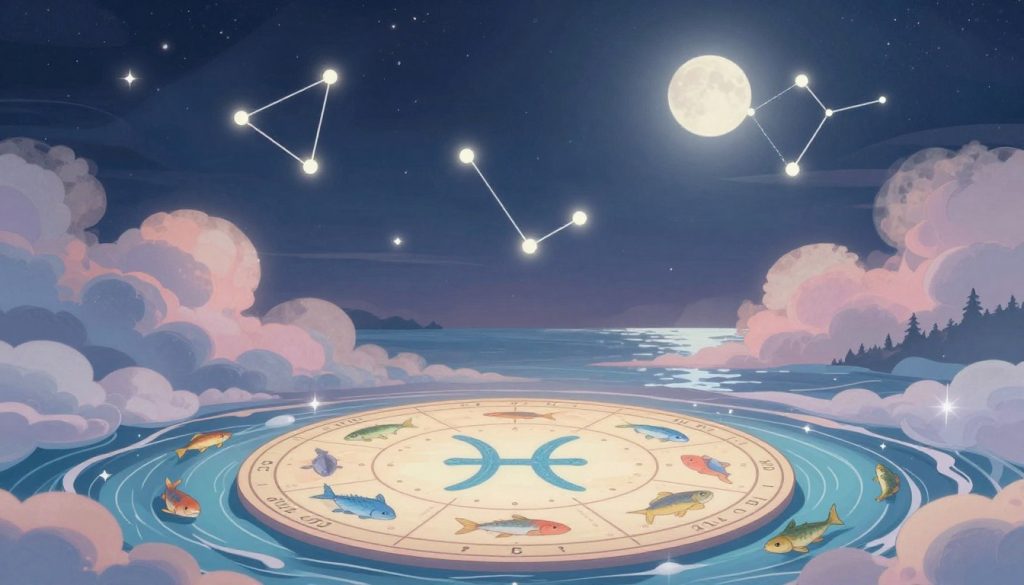 A serene astrological scene depicting the Pisces zodiac sign, embodying traits of sensitivity and intuition. In the foreground, an intricately designed zodiac wheel featuring the symbol for Pisces, surrounded by calming elements like flowing water, fish, and ethereal clouds. In the middle ground, soft, pastel-toned constellations twinkle against a night sky, creating a dreamy atmosphere. The background shows a tranquil landscape with gentle waves reflecting the moonlight, enhancing the mystical feel. The lighting is soft and diffused, evoking a sense of calm and introspection. The overall mood is peaceful and reflective, suitable for an article about personal growth and astrological insights. No text or watermarks.