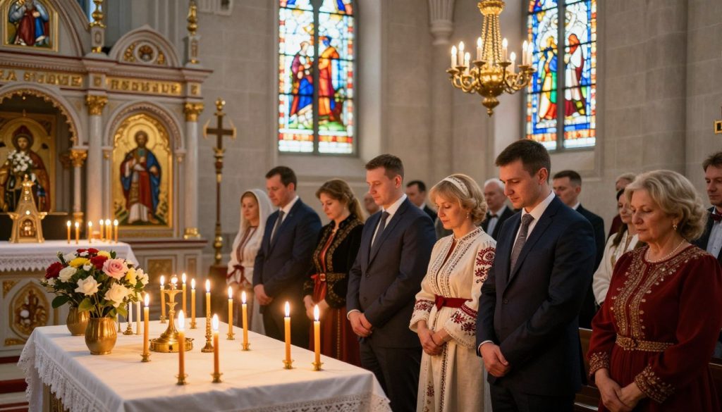 A serene church interior during a religious celebration in Ukraine, featuring a beautifully decorated altar surrounded by flickering candles, fresh flowers, and ornate icons. In the foreground, a group of modestly dressed individuals, including men in smart suits and women in elegant dresses, are engaged in prayer and reflection, their faces illuminated by the warm glow of the candles. The middle ground showcases traditional elements like ornate chandeliers and religious symbols, adding depth. In the background, stained glass windows cast colorful light patterns across the stone walls, enhancing the spiritual atmosphere. The overall mood is peaceful and reverent, with gentle, soft lighting creating a sense of warmth and devotion. The image should capture the essence of a significant church holiday in Ukraine. A serene church interior during a religious celebration in Ukraine, featuring a beautifully decorated altar surrounded by flickering candles, fresh flowers, and ornate icons. In the foreground, a group of modestly dressed individuals, including men in smart suits and women in elegant dresses, are engaged in prayer and reflection, their faces illuminated by the warm glow of the candles. The middle ground showcases traditional elements like ornate chandeliers and religious symbols, adding depth. In the background, stained glass windows cast colorful light patterns across the stone walls, enhancing the spiritual atmosphere. The overall mood is peaceful and reverent, with gentle, soft lighting creating a sense of warmth and devotion. The image should capture the essence of a significant church holiday in Ukraine.