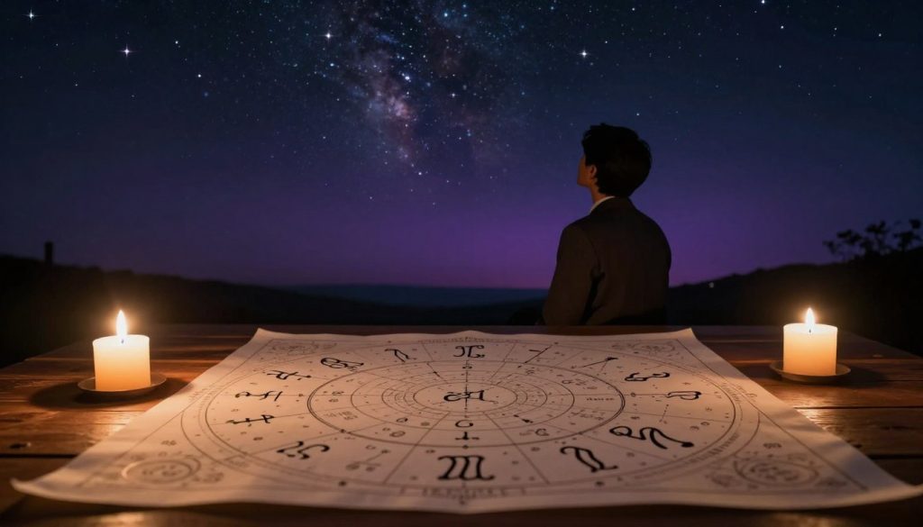 A serene night sky filled with twinkling stars, showcasing a detailed astrological chart spread across a wooden table in the foreground. The chart features various zodiac signs and celestial symbols, illuminated by soft candlelight that casts a warm glow. In the middle ground, a silhouette of a person gazes thoughtfully at the stars, dressed in modest, professional attire. Their face reflects a sense of wonder and contemplation. In the background, a soft gradient of deep indigo and black merges with hints of violet, suggesting the vastness of the universe. The atmosphere is tranquil, with a touch of magic, inviting the viewer to ponder the influence of stars on everyday life. The composition has a focus on depth, with a slightly blurred background to emphasize the foreground details. A serene night sky filled with twinkling stars, showcasing a detailed astrological chart spread across a wooden table in the foreground. The chart features various zodiac signs and celestial symbols, illuminated by soft candlelight that casts a warm glow. In the middle ground, a silhouette of a person gazes thoughtfully at the stars, dressed in modest, professional attire. Their face reflects a sense of wonder and contemplation. In the background, a soft gradient of deep indigo and black merges with hints of violet, suggesting the vastness of the universe. The atmosphere is tranquil, with a touch of magic, inviting the viewer to ponder the influence of stars on everyday life. The composition has a focus on depth, with a slightly blurred background to emphasize the foreground details.