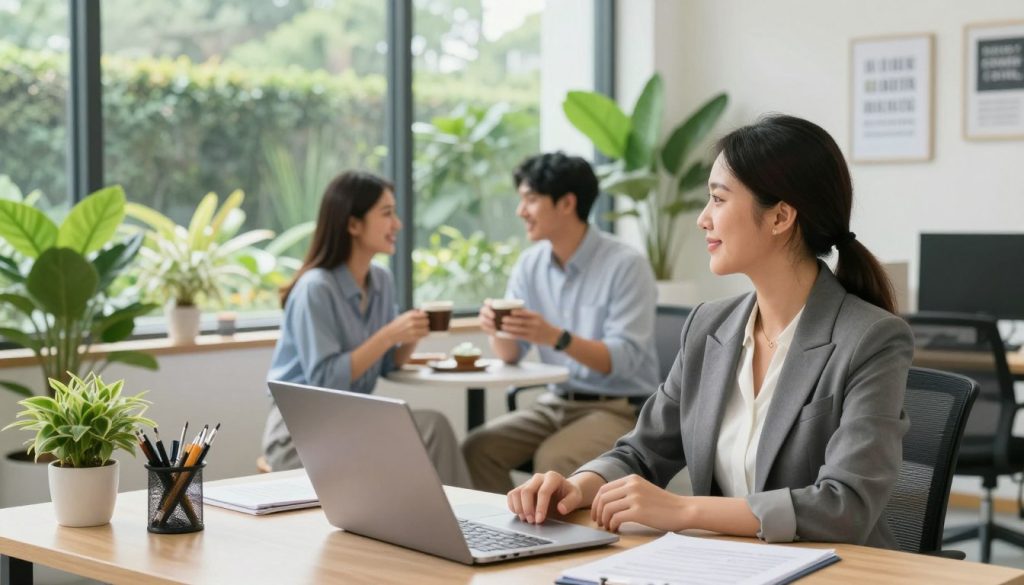 A serene office space filled with natural light, showcasing a modern workspace with green plants and motivational quotes. In the foreground, a professional woman in smart business attire is seated at a desk, surrounded by career-related items like a laptop and documents. In the middle, a couple is depicted sharing a warm conversation over coffee, symbolizing love and partnership. The background features a peaceful garden view through large windows, representing health and wellness. The overall mood is uplifting and harmonious, with bright colors and soft lighting that enhances a sense of hope and ambition for career, love, and health. The composition should be balanced, inviting viewers into this positive atmosphere. A serene office space filled with natural light, showcasing a modern workspace with green plants and motivational quotes. In the foreground, a professional woman in smart business attire is seated at a desk, surrounded by career-related items like a laptop and documents. In the middle, a couple is depicted sharing a warm conversation over coffee, symbolizing love and partnership. The background features a peaceful garden view through large windows, representing health and wellness. The overall mood is uplifting and harmonious, with bright colors and soft lighting that enhances a sense of hope and ambition for career, love, and health. The composition should be balanced, inviting viewers into this positive atmosphere.