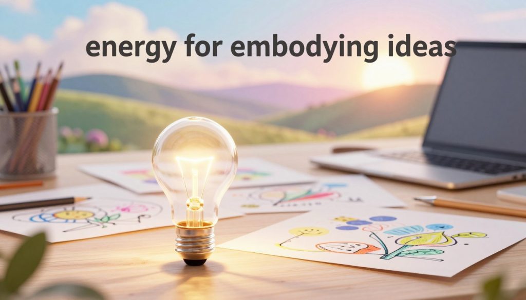 A serene scene representing "energy for embodying ideas," with vibrant elements symbolizing creativity and inspiration. In the foreground, a luminous light bulb radiates warm golden light, casting soft shadows. In the middle, an artistic workspace filled with colorful sketches and design tools, reflecting the imaginative flow of an innovative mind. The background shows a dreamy landscape with rolling hills and a bright sunrise, symbolizing new beginnings and opportunities. The atmosphere is uplifting and hopeful, with soft pastel colors dominating the palette. The lighting is bright yet gentle, creating a sense of calm energy and potential. The angle is slightly elevated, capturing the full essence of the workspace and the inspiring surroundings, inviting viewers to feel motivated and encouraged to bring their ideas to life. A serene scene representing "energy for embodying ideas," with vibrant elements symbolizing creativity and inspiration. In the foreground, a luminous light bulb radiates warm golden light, casting soft shadows. In the middle, an artistic workspace filled with colorful sketches and design tools, reflecting the imaginative flow of an innovative mind. The background shows a dreamy landscape with rolling hills and a bright sunrise, symbolizing new beginnings and opportunities. The atmosphere is uplifting and hopeful, with soft pastel colors dominating the palette. The lighting is bright yet gentle, creating a sense of calm energy and potential. The angle is slightly elevated, capturing the full essence of the workspace and the inspiring surroundings, inviting viewers to feel motivated and encouraged to bring their ideas to life.