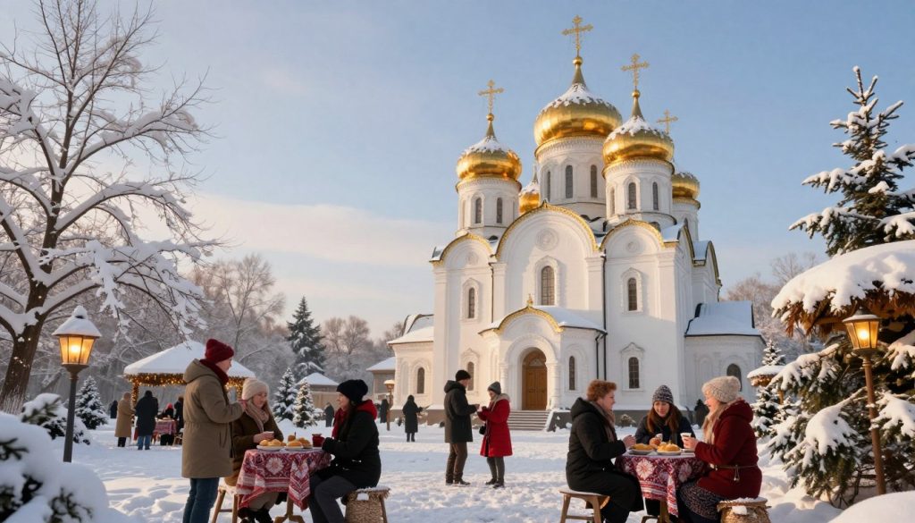 A serene winter landscape capturing the essence of January church holidays in Ukraine. In the foreground, a beautifully adorned Orthodox church with golden domes, partially covered in snow. Surrounding the church, gentle snow-laden trees and candle-lit lanterns create a warm, inviting atmosphere. In the middle ground, families dressed in modest winter attire gather to celebrate, sharing traditional pastries and warm drinks, with smiles and friendly gestures. The background features a clear blue sky with soft sunlight illuminating the scene, casting a golden hue over the snow. The overall mood is festive and joyful, embodying the spirit of community and faith during these cherished holidays. The image should emphasize warmth and togetherness, with a focus on the beauty of the church and the celebration of traditions.
