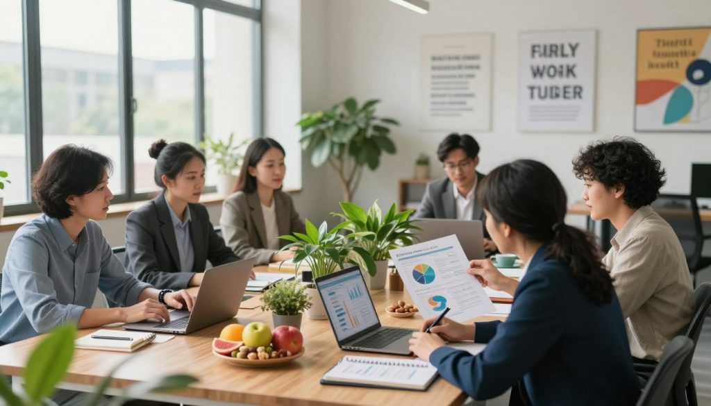 A serene workspace set in a modern office with large windows allowing soft natural light to pour in. In the foreground, a diverse group of professionals, dressed in smart business attire, engage in a discussion while reviewing health and productivity charts. In the middle ground, a large desk is cluttered with vibrant plants, a laptop, notebooks, and healthy snacks like fruits and nuts, symbolizing wellness. The background features a calming wall with inspiring quotes and motivational posters, creating a positive environment. The overall mood is focused yet relaxed, highlighting the balance between work and health. The image captures a sense of collaboration and well-being, ideal for emphasizing the theme of advice for work and health.