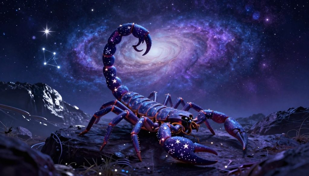 A striking depiction of the Scorpio zodiac sign, set against a mystic night sky infused with deep blues and purples. In the foreground, a stylized Scorpio symbol emerges, surrounded by intricate scorpion motifs embellished with shimmering stars and constellations. The middle ground features a dramatic landscape with a rocky terrain illuminated by silver moonlight, hinting at the deep emotions and intensity associated with Scorpio traits. The background is filled with swirling galaxies and twinkling celestial bodies, creating an atmosphere of mystery and allure. Soft, ethereal lighting highlights the details, while a slight haze gives a dreamy quality to the scene. The overall mood is both powerful and enigmatic, perfectly encapsulating the essence of Scorpio.
