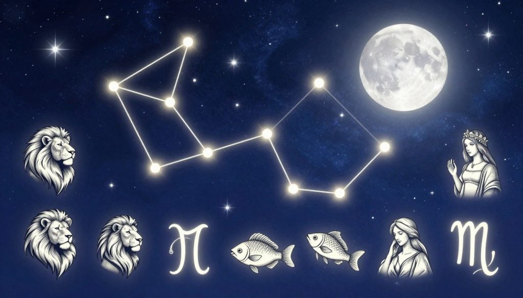 A stunning tattoo design inspired by astrology, featuring the twelve zodiac signs intricately woven into a celestial theme. In the foreground, showcase detailed and artistic representations of a few zodiac symbols, such as Leo’s lion, Pisces’ fish, and Virgo’s maiden. The middle ground can depict a glowing constellation map, highlighting the stars that represent each sign, with soft, ethereal light enveloping the scene. The background should feature a deep indigo night sky speckled with shimmering stars and a radiant full moon, creating a mystical atmosphere. The overall mood is serene and enchanting, evoking a sense of wonder and connection to the cosmos. Use soft, diffused lighting to emphasize the intricacy of the tattoos and the mystery of the universe.