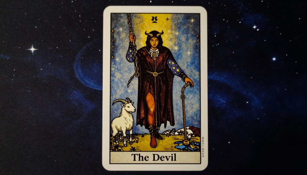 A tarot card illustration featuring "The Devil" for Libra, centered in the foreground. The card showcases a beautifully detailed, dark figure representing temptation, surrounded by rich gold and deep blue hues. In the middle, there are symbolic elements such as chains and goats, reflecting the duality of bondage and freedom. In the background, the atmosphere is mystical and slightly ominous, hinting at a starry night sky with subtle celestial details. Soft lighting casts dramatic shadows, enhancing the card's depth and allure. The overall mood is introspective and enigmatic, inviting viewers to ponder the themes of desire and choice. No text or additional elements are present. A tarot card illustration featuring "The Devil" for Libra, centered in the foreground. The card showcases a beautifully detailed, dark figure representing temptation, surrounded by rich gold and deep blue hues. In the middle, there are symbolic elements such as chains and goats, reflecting the duality of bondage and freedom. In the background, the atmosphere is mystical and slightly ominous, hinting at a starry night sky with subtle celestial details. Soft lighting casts dramatic shadows, enhancing the card's depth and allure. The overall mood is introspective and enigmatic, inviting viewers to ponder the themes of desire and choice. No text or additional elements are present.