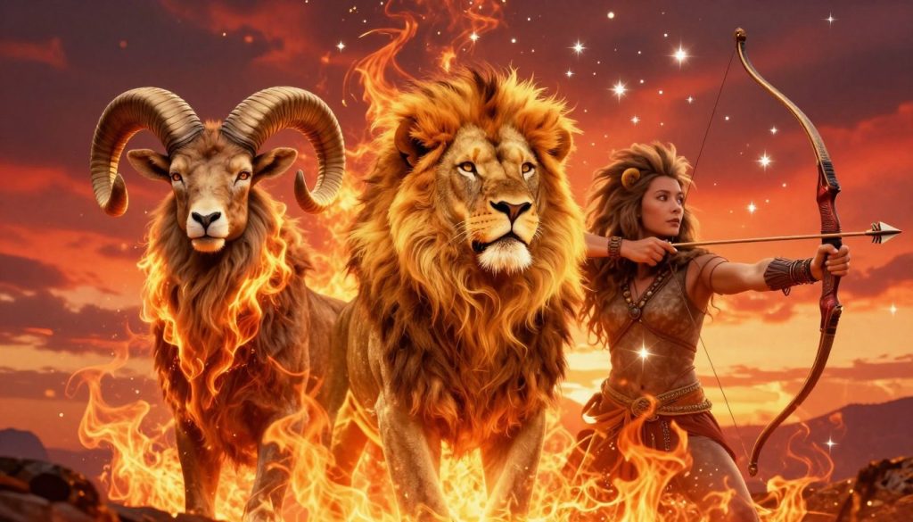 A vibrant and dynamic scene illustrating the characteristics of the fire signs in astrology: Aries, Leo, and Sagittarius. In the foreground, symbolize Aries with bold ram horns and flames, representing courage and determination. For Leo, a majestic lion with a flowing mane radiates warmth and confidence amidst vibrant golds and oranges. Sagittarius is depicted as an archer with a focused gaze, surrounded by twinkling stars and shooting arrows, representing adventure and freedom. The background features a dramatic sunset sky filled with deep reds and oranges, enhancing the fiery theme. Utilize soft, glowing lighting to create an uplifting and energetic atmosphere. The composition should evoke a sense of passion and vitality, drawing viewers into the essence of these zodiac signs.