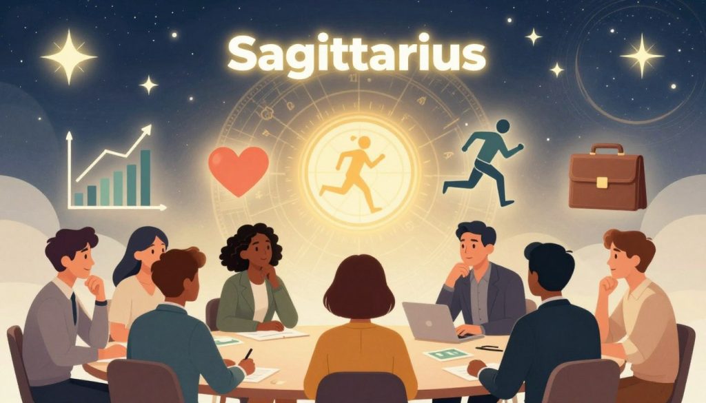A vibrant and insightful illustration depicting the various aspects of life influenced by today's horoscope for Sagittarius. In the foreground, a diverse group of individuals representing different life sectors—such as career, relationships, health, and finance—engaged in thoughtful discussion or analysis, dressed in professional attire. In the middle ground, symbolic representations of each life area: a graph for finance, a heart symbol for relationships, a running figure for health, and a briefcase for career. The background features a celestial theme with bright stars and a subtle zodiac wheel, casting a warm, ethereal glow across the scene. The overall mood is optimistic and contemplative, captured in soft, natural lighting to enhance the inviting atmosphere. The composition should evoke curiosity and inspire reflection on personal growth and decision-making. A vibrant and insightful illustration depicting the various aspects of life influenced by today's horoscope for Sagittarius. In the foreground, a diverse group of individuals representing different life sectors—such as career, relationships, health, and finance—engaged in thoughtful discussion or analysis, dressed in professional attire. In the middle ground, symbolic representations of each life area: a graph for finance, a heart symbol for relationships, a running figure for health, and a briefcase for career. The background features a celestial theme with bright stars and a subtle zodiac wheel, casting a warm, ethereal glow across the scene. The overall mood is optimistic and contemplative, captured in soft, natural lighting to enhance the inviting atmosphere. The composition should evoke curiosity and inspire reflection on personal growth and decision-making.