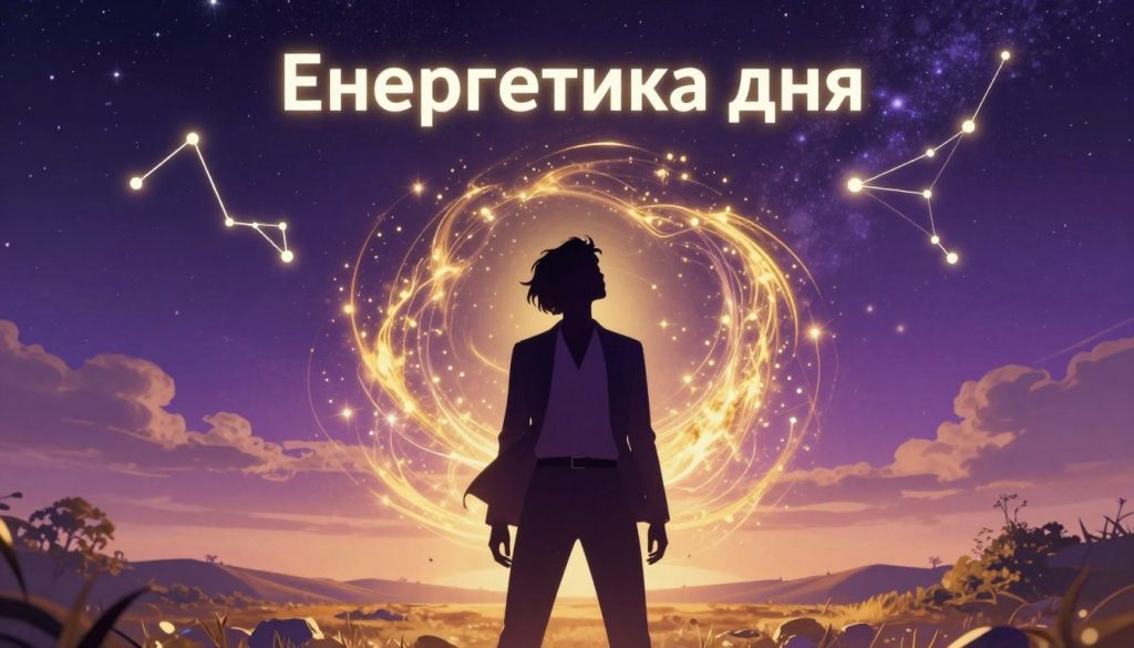 A vibrant and mystical scene embodying the essence of "Енергетика дня" for the Sagittarius horoscope. In the foreground, a silhouette of a confident individual dressed in professional attire stands poised, gazing upward, symbolizing optimism and focus. Surrounding the figure, ethereal energies swirl in hues of gold and deep purple, representing the day's unique opportunities and challenges. In the middle ground, a starry night sky filled with constellations relevant to Sagittarius glimmers, highlighting the astrological insights of the day. The background features a tranquil landscape illuminated by a soft, warm glow, suggesting hope and renewal. The atmosphere is both inspiring and contemplative, capturing the essence of personal growth and cosmic guidance. The lighting is soft and ethereal, evoking a sense of wonder. A vibrant and mystical scene embodying the essence of "Енергетика дня" for the Sagittarius horoscope. In the foreground, a silhouette of a confident individual dressed in professional attire stands poised, gazing upward, symbolizing optimism and focus. Surrounding the figure, ethereal energies swirl in hues of gold and deep purple, representing the day's unique opportunities and challenges. In the middle ground, a starry night sky filled with constellations relevant to Sagittarius glimmers, highlighting the astrological insights of the day. The background features a tranquil landscape illuminated by a soft, warm glow, suggesting hope and renewal. The atmosphere is both inspiring and contemplative, capturing the essence of personal growth and cosmic guidance. The lighting is soft and ethereal, evoking a sense of wonder.