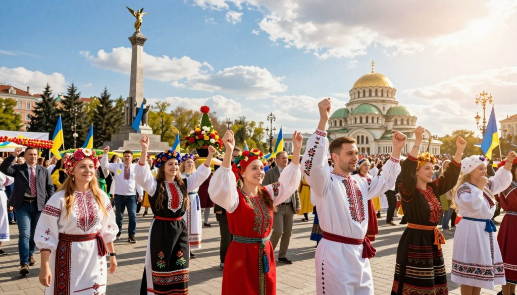 A vibrant celebration scene depicting a variety of international holidays in Ukraine. In the foreground, a diverse group of people in colorful traditional and contemporary attire joyfully participate in festivities, such as those celebrating New Year, Easter, or Independence Day. In the middle ground, you can see traditional decorations like flags, ornaments, and floral arrangements that suggest a festive atmosphere. The background features iconic Ukrainian landmarks, such as the Motherland Monument and St. Sophia Cathedral, set against a bright blue sky with warm sunlight radiating over the scene. The overall mood is joyful and celebratory, capturing the essence of cultural unity and tradition in modern celebrations. The image is captured with a wide-angle lens to encompass the lively crowd and backdrop.