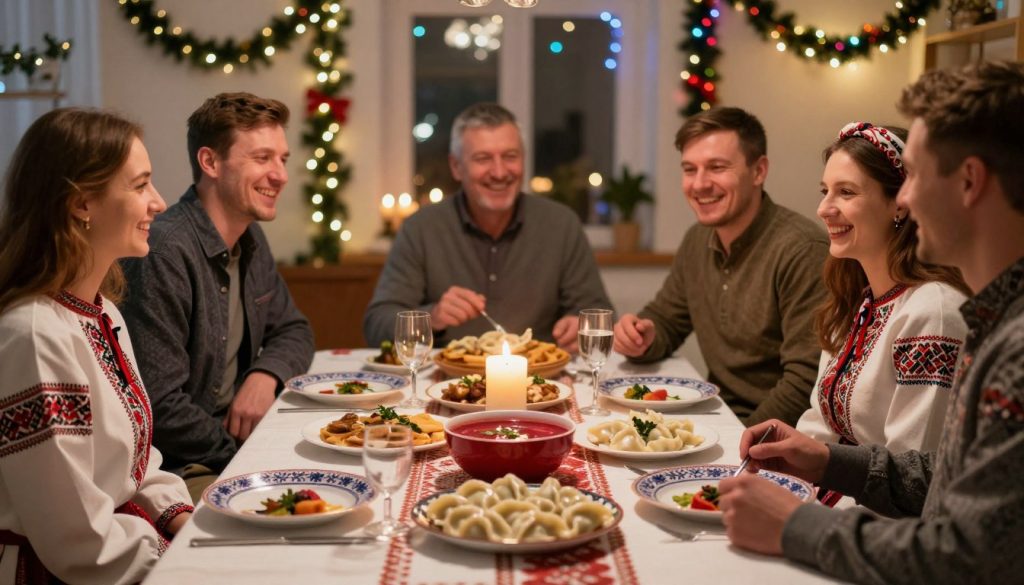 A vibrant celebration scene depicting the international holiday on January 8, showcasing traditional Ukrainian elements. In the foreground, a beautifully set table with Ukrainian dishes like borscht and varenyky, adorned with snow-white table linens and traditional embroidered tableware. The middle ground features warm, inviting candlelight creating a cozy atmosphere, while cheerful individuals in modest casual clothing engage in laughter and conversation, reflecting the joy of the occasion. In the background, colorful decorations such as twinkling lights and festive garlands create a magical ambiance. The scene is illuminated with soft, warm lighting to evoke a sense of warmth and togetherness, shot with a slight depth of field to focus on the joyous expressions and details of the decorations. A vibrant celebration scene depicting the international holiday on January 8, showcasing traditional Ukrainian elements. In the foreground, a beautifully set table with Ukrainian dishes like borscht and varenyky, adorned with snow-white table linens and traditional embroidered tableware. The middle ground features warm, inviting candlelight creating a cozy atmosphere, while cheerful individuals in modest casual clothing engage in laughter and conversation, reflecting the joy of the occasion. In the background, colorful decorations such as twinkling lights and festive garlands create a magical ambiance. The scene is illuminated with soft, warm lighting to evoke a sense of warmth and togetherness, shot with a slight depth of field to focus on the joyous expressions and details of the decorations.