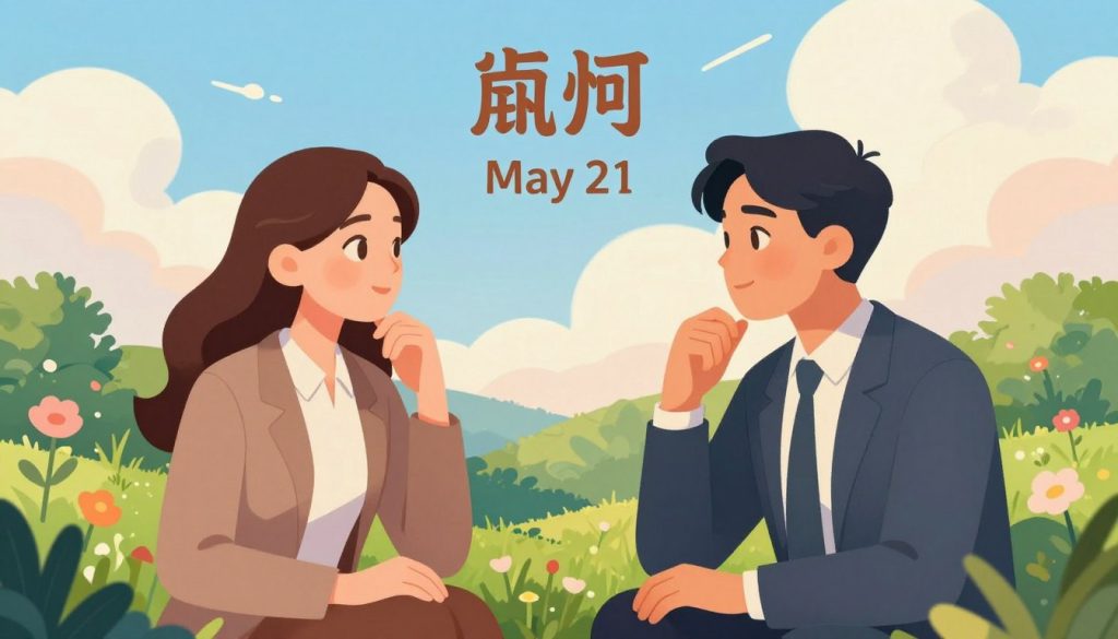 A vibrant illustration representing the unique traits of individuals born under the zodiac sign of Gemini, specifically on May 21. In the foreground, depict two elegantly dressed characters, one male and one female, in professional business attire, engaging in a thoughtful conversation, symbolizing Gemini's sociable nature. The middle ground should feature elements of nature, such as lush greenery and blossoming flowers, reflecting the sign's connection to duality and adaptability. In the background, a serene blue sky with soft, fluffy clouds enhances the atmosphere of curiosity and openness. The lighting should be warm and inviting, casting gentle shadows to create depth. Use a slightly elevated angle to capture both the characters' expressions and the harmonious landscape around them, evoking a sense of balance and duality inherent to Gemini.
