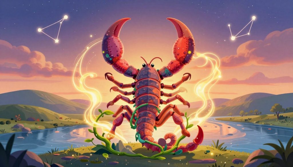 A vibrant representation of a Scorpio, embodying health and energy, situated in the foreground. The Scorpio is artistically integrated with abstract elements symbolizing vitality, such as glowing energy waves and green vines, indicating growth and wellness. In the middle ground, a serene landscape symbolizes balance, featuring soft hills and a river that reflects the sky's warm hues, suggesting tranquility and rejuvenation. In the background, a starry twilight sky with constellations related to Scorpio enhances the astrological theme, casting a gentle, ethereal glow over the scene. The lighting is warm and inviting, creating an atmosphere of harmony and positive energy. The overall mood evokes an uplifting sense of empowerment and vitality, resonating with the essence of Scorpio's health and energy. A vibrant representation of a Scorpio, embodying health and energy, situated in the foreground. The Scorpio is artistically integrated with abstract elements symbolizing vitality, such as glowing energy waves and green vines, indicating growth and wellness. In the middle ground, a serene landscape symbolizes balance, featuring soft hills and a river that reflects the sky's warm hues, suggesting tranquility and rejuvenation. In the background, a starry twilight sky with constellations related to Scorpio enhances the astrological theme, casting a gentle, ethereal glow over the scene. The lighting is warm and inviting, creating an atmosphere of harmony and positive energy. The overall mood evokes an uplifting sense of empowerment and vitality, resonating with the essence of Scorpio's health and energy.