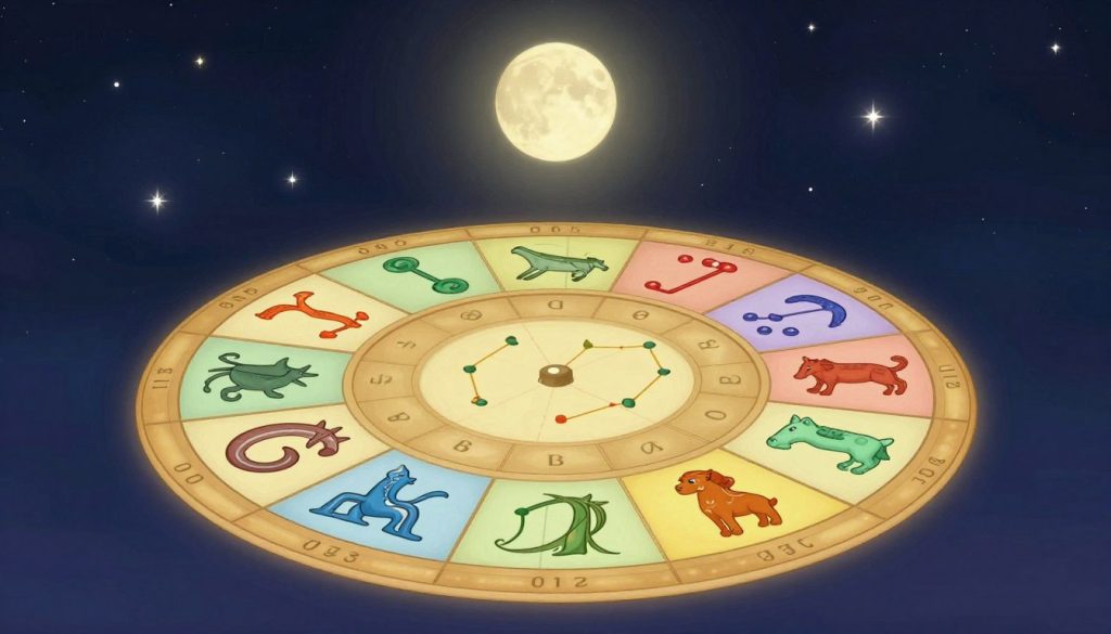 A visually striking illustration depicting the characteristics of the zodiac signs. In the foreground, a circular zodiac wheel featuring all twelve symbols, each represented with vibrant colors and detailed artistic interpretations that express their unique traits. The middle section showcases each sign's constellation, subtly connecting them to their respective symbols. The background features a serene night sky adorned with twinkling stars, illuminated by a soft moonlight, creating a mystical atmosphere. Use a warm color palette to evoke a sense of wonder and introspection. The composition should draw the viewer's eye toward the center while maintaining a harmonious balance. The scene should be rendered in high detail, taking advantage of gentle lighting to enhance the imagery while ensuring there are no text, overlays, or distractions in the image. A visually striking illustration depicting the characteristics of the zodiac signs. In the foreground, a circular zodiac wheel featuring all twelve symbols, each represented with vibrant colors and detailed artistic interpretations that express their unique traits. The middle section showcases each sign's constellation, subtly connecting them to their respective symbols. The background features a serene night sky adorned with twinkling stars, illuminated by a soft moonlight, creating a mystical atmosphere. Use a warm color palette to evoke a sense of wonder and introspection. The composition should draw the viewer's eye toward the center while maintaining a harmonious balance. The scene should be rendered in high detail, taking advantage of gentle lighting to enhance the imagery while ensuring there are no text, overlays, or distractions in the image.