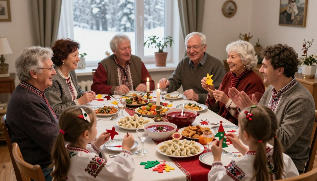 A warm and inviting family celebration in January, depicting various generations gathered around a festive table adorned with traditional Ukrainian dishes, such as borscht and varenyky. In the foreground, children play joyfully with handmade decorations, while adults share stories and laughter. The middle ground features a beautifully decorated table with candles and vibrant tableware, creating a cozy atmosphere. In the background, a snow-covered landscape is visible through a window, casting natural light into the room, enhancing the festive mood. Capture the warmth and joy of togetherness in a soft, diffused lighting setting, using a slightly elevated angle to encompass both the gathering and the winter scenery outside.