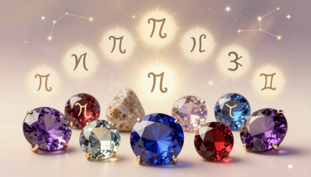 An artistic representation of gemstones and zodiac symbols in an elegant display. In the foreground, diverse gemstones—such as amethyst, sapphire, and garnet—each reflecting its corresponding zodiac sign, are arranged artistically. Each stone is intricately detailed to reveal its unique texture and color. In the middle ground, delicate illustrations of the twelve zodiac signs are intertwined with the gemstones, creating a harmonious connection between the symbols and stones. The background features a soft, ethereal celestial pattern with faint stars and constellations to evoke a mystical atmosphere. The lighting is warm and inviting, highlighting the gems' brilliance, as if illuminated by gentle starlight. The overall mood is enchanting and sophisticated, ideal for showcasing the significance of both gems and zodiac symbols in the context of jewelry.