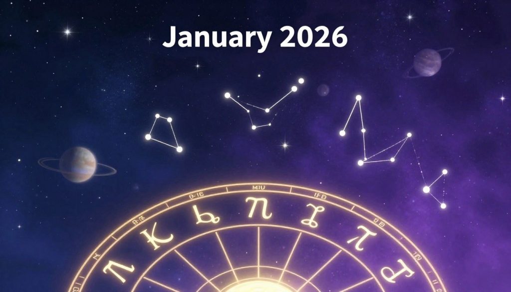 An astrological chart showing the horoscope for January 2026, with signs of the zodiac surrounding a celestial background filled with twinkling stars and glowing planets. In the foreground, a detailed zodiac wheel showcases each sign, illuminated softly with ethereal light. The middle layer features constellations delicately integrated into the design, alluding to cosmic influences. In the background, a deep navy blue sky transitions to rich purple hues, creating a dreamy atmosphere. The overall mood should be mystical and inspiring, evoking a sense of curiosity and anticipation about the future. Soft, diffuse lighting enhances the serene and magical feel, inviting viewers to explore their astrological predictions. An astrological chart showing the horoscope for January 2026, with signs of the zodiac surrounding a celestial background filled with twinkling stars and glowing planets. In the foreground, a detailed zodiac wheel showcases each sign, illuminated softly with ethereal light. The middle layer features constellations delicately integrated into the design, alluding to cosmic influences. In the background, a deep navy blue sky transitions to rich purple hues, creating a dreamy atmosphere. The overall mood should be mystical and inspiring, evoking a sense of curiosity and anticipation about the future. Soft, diffuse lighting enhances the serene and magical feel, inviting viewers to explore their astrological predictions.