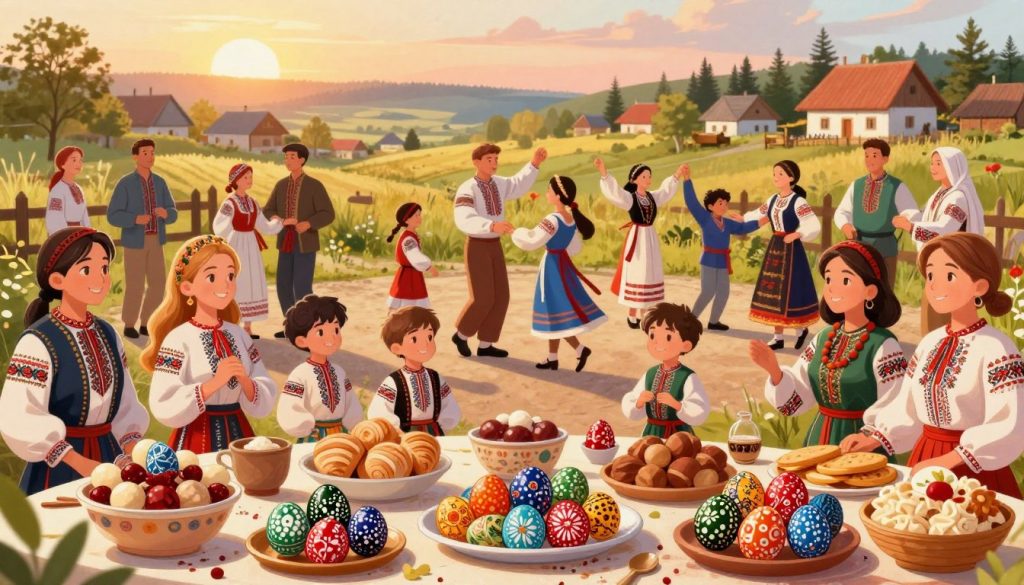 An engaging and colorful illustration of various Ukrainian holidays, depicting a festive atmosphere. In the foreground, showcase traditional elements such as beautifully arranged traditional foods, folk ornaments, and symbolic items representing different holidays. Interspersed throughout are Ukrainian cultural icons like pysanky (decorated eggs) and ceremonial attire worn by individuals in modest traditional clothing. In the middle ground, feature a vibrant celebration scene with smiling families and children participating in cultural activities, engaging in folk dances or games. The background should be a picturesque Ukrainian village or countryside, bathed in warm, golden light during sunset, creating a cheerful and inviting mood. Capture the essence of cultural uniqueness and joyous celebration without any text or overlays.