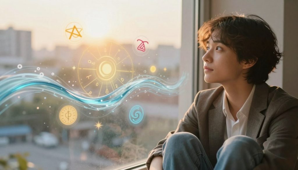 An expressive scene portraying the emotional state of an Aquarius, featuring a person sitting thoughtfully by a window, dressed in casual yet professional attire. The foreground showcases the individual gazing out, with a hint of introspection and curiosity in their eyes. In the middle layer, vibrant astrological symbols and flowing water elements ripple through the air, symbolizing the Aquarian traits of innovation and creativity. The background is softly blurred, showcasing a serene urban landscape bathed in warm, golden sunlight, enhancing the overall hopeful mood. Use soft, diffused lighting to create a tranquil ambiance, capturing a moment of reflection and anticipation. The angle should be slightly from above, emphasizing the dreamy atmosphere without any captions or text.