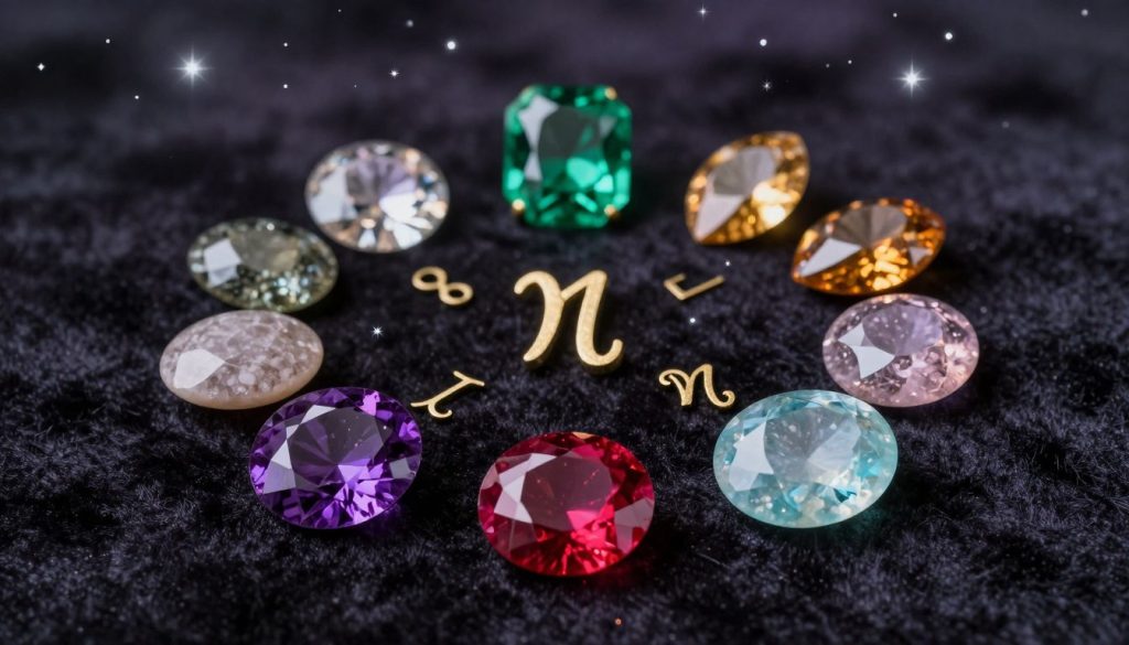 Astounding display of twelve gemstones, each representing a different zodiac sign, arranged artistically on a dark velvet backdrop. The foreground features a sparkling amethyst, vibrant ruby, and ethereal aquamarine, each stone glimmering under soft, diffused lighting that highlights their unique colors and textures. In the middle ground, various stones like emerald and topaz are positioned near delicate astrological symbols, adding a touch of elegance. The background fades into a cosmic scene filled with twinkling stars and a subtle, dark gradient, evoking the mystery of the zodiac. Capture a serene, mystical atmosphere, focusing on the beauty and significance of each gemstone, symbolizing each zodiac sign. Use a macro lens perspective to emphasize the gemstones' intricate details.