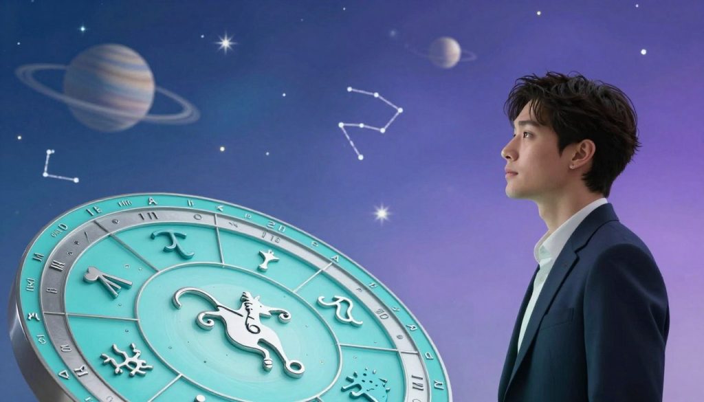 Create an image depicting an astrological profile of Aquarius. In the foreground, illustrate a zodiac wheel adorned with symbols and colors representing Aquarius, such as turquoise and silver. Place a serene figure of a person in professional attire, gazing thoughtfully at the wheel, embodying the traits of an Aquarius—creative, independent, and innovative. In the middle ground, include cosmic elements like stars and planets swirling gently around the zodiac sign, representing connection and curiosity. In the background, create a dreamlike, soft blue and purple gradient that enhances the mystical atmosphere, with subtle constellations twinkling. Use soft lighting to evoke a calm, contemplative mood, and capture the scene from a slightly elevated angle to emphasize the connection between the figure and the astrological elements. Use a high-resolution, vibrant style. Create an image depicting an astrological profile of Aquarius. In the foreground, illustrate a zodiac wheel adorned with symbols and colors representing Aquarius, such as turquoise and silver. Place a serene figure of a person in professional attire, gazing thoughtfully at the wheel, embodying the traits of an Aquarius—creative, independent, and innovative. In the middle ground, include cosmic elements like stars and planets swirling gently around the zodiac sign, representing connection and curiosity. In the background, create a dreamlike, soft blue and purple gradient that enhances the mystical atmosphere, with subtle constellations twinkling. Use soft lighting to evoke a calm, contemplative mood, and capture the scene from a slightly elevated angle to emphasize the connection between the figure and the astrological elements. Use a high-resolution, vibrant style.