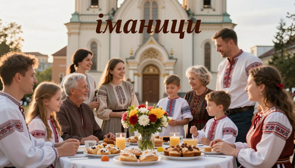 A beautifully arranged celebration scene inspired by "іменини" on April 28th. In the foreground, a festive table is adorned with traditional Ukrainian pastries, candles, and flowers, showcasing a vibrant atmosphere. The middle ground features a family gathering dressed in modest, elegant attire, sharing joyful moments, with lively expressions and warm interactions. In the background, a church with ornate architecture is bathed in soft golden light, symbolizing the spiritual significance of the day. The overall mood is warm and inviting, crafted under gentle sunlight, creating a serene yet celebratory ambiance. The composition emphasizes family unity and cultural heritage, encapsulating the essence of the holiday. A beautifully arranged celebration scene inspired by "іменини" on April 28th. In the foreground, a festive table is adorned with traditional Ukrainian pastries, candles, and flowers, showcasing a vibrant atmosphere. The middle ground features a family gathering dressed in modest, elegant attire, sharing joyful moments, with lively expressions and warm interactions. In the background, a church with ornate architecture is bathed in soft golden light, symbolizing the spiritual significance of the day. The overall mood is warm and inviting, crafted under gentle sunlight, creating a serene yet celebratory ambiance. The composition emphasizes family unity and cultural heritage, encapsulating the essence of the holiday.