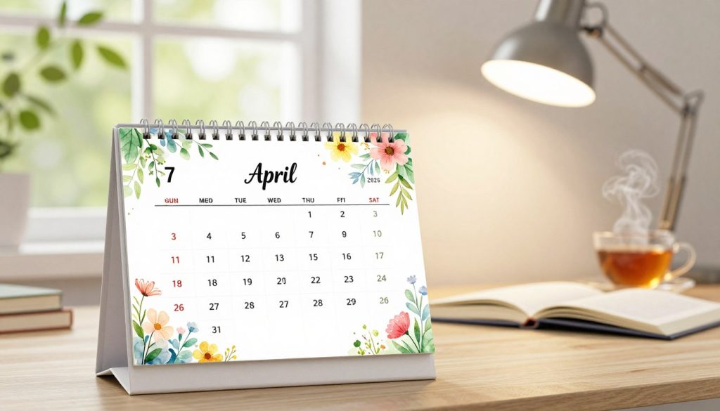 A beautifully designed calendar page for April 7, 2026, prominently displayed in the foreground, showcasing the date in an elegant font. The calendar should be adorned with vibrant spring flowers, symbolizing renewal and growth, with watercolor-style illustrations. In the middle ground, a serene desk setup featuring a modern desk lamp casting warm, inviting light, with an open journal and a steaming cup of tea to suggest reflection and planning for the day. The background includes a soft focus of a sunny window with green leaves swaying outside, creating a cheerful and uplifting atmosphere. The overall mood is calm and positive, evoking a sense of anticipation for the day's events and highlights. No text or other distractions should be present, allowing the viewer to immerse themselves in the beauty of the calendar day.