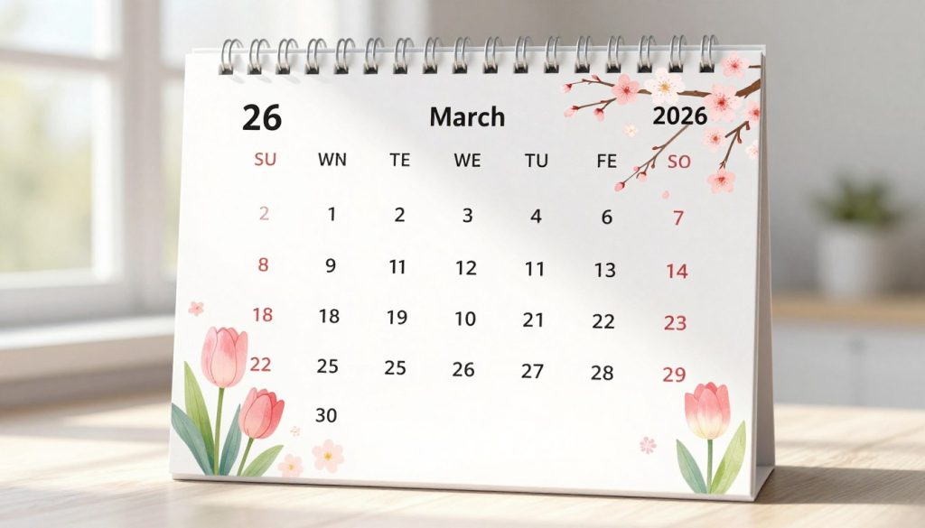 A beautifully designed calendar page for March 2026, featuring a crisp and modern layout. In the foreground, the calendar highlights the date "26" prominently, surrounded by artistic illustrations of spring flowers like cherry blossoms and tulips in soft pastel colors. In the middle, the remaining days of the month are neatly arranged, showcasing a blend of functional design with decorative elements. In the background, a soft, diffused sunlight filters through a window, casting gentle shadows that enhance the peaceful ambiance. The mood is serene and uplifting, reflecting the arrival of spring. The scene is void of any text or watermarks, emphasizing the calendar's visual appeal.