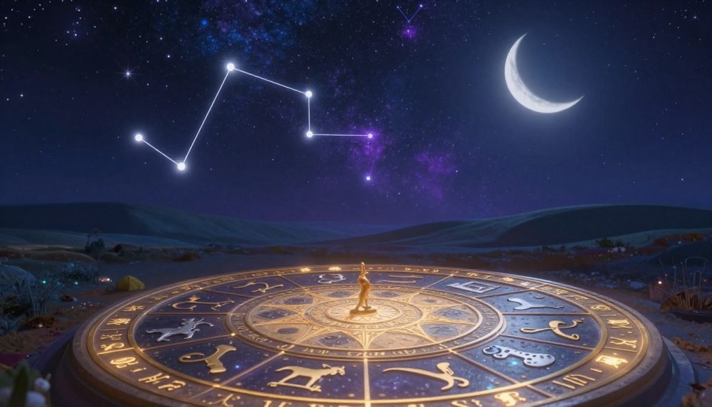 A beautifully illustrated horoscope scene depicting the astrological signs in a celestial setting. The foreground features a large, ornate zodiac wheel with intricate symbols representing each sign, glowing in gold and silver tones. In the middle ground, a starry night sky is filled with soft, shimmering constellations, each twinkling in shades of deep blue and violet. The background showcases a serene landscape with rolling hills under a crescent moon, casting gentle light over the scenery. The overall mood is mystical and reflective, inviting viewers to explore their astrological insights. The lighting is ethereal, with a soft glow illuminating the zodiac wheel and constellations, creating a harmonious and enchanting atmosphere. The perspective is slightly elevated, allowing viewers to feel an immersive connection with the cosmos.