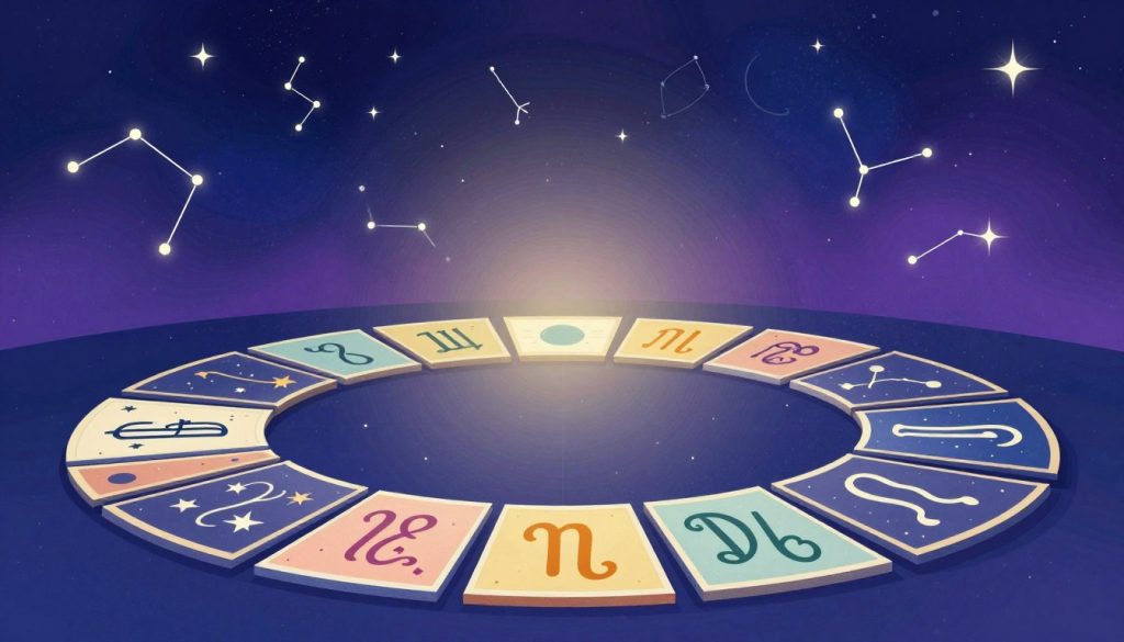 A beautifully illustrated horoscope scene depicting the zodiac signs arranged in a circular pattern in the foreground. Each sign is artistically represented with symbolic elements, such as stars, constellations, and celestial bodies that correspond to their distinct traits. In the middle ground, a soft glowing light bathes the scene, suggesting a mystical atmosphere, with gentle gradients of deep blues and purples in the background evoking a night sky. Incorporate subtle constellations intricately woven into the background, enhancing the sense of wonder and connection to astrology. The overall mood should be serene yet captivating, inviting viewers to ponder their destiny and the day's significance. The composition should have a balanced symmetry, allowing the viewer's eye to flow harmoniously across the image. A beautifully illustrated horoscope scene depicting the zodiac signs arranged in a circular pattern in the foreground. Each sign is artistically represented with symbolic elements, such as stars, constellations, and celestial bodies that correspond to their distinct traits. In the middle ground, a soft glowing light bathes the scene, suggesting a mystical atmosphere, with gentle gradients of deep blues and purples in the background evoking a night sky. Incorporate subtle constellations intricately woven into the background, enhancing the sense of wonder and connection to astrology. The overall mood should be serene yet captivating, inviting viewers to ponder their destiny and the day's significance. The composition should have a balanced symmetry, allowing the viewer's eye to flow harmoniously across the image.