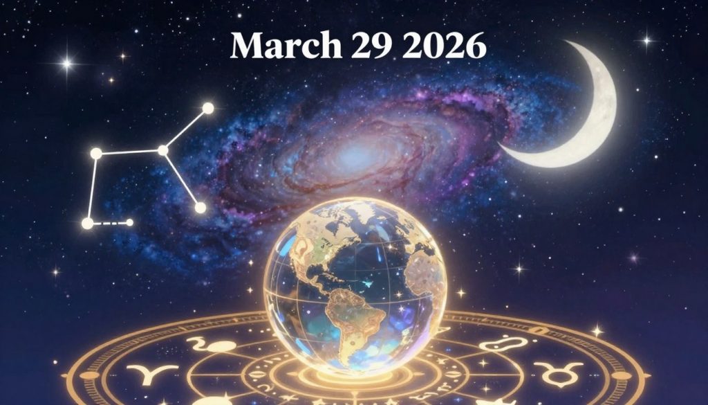 A beautifully illustrated horoscope scene for March 29, 2026, featuring astrological symbols and celestial elements. In the foreground, a crystal globe surrounded by mystical zodiac signs, like Aries and Taurus, intricately designed and glowing softly. In the middle ground, a starry night sky filled with radiant constellations, shimmering stars, and a crescent moon casting gentle light. The background showcases an ethereal galaxy with swirling colors of deep blues and purples, creating a mystical atmosphere. The entire scene is illuminated with warm, inviting lighting, evoking a sense of wonder and introspection. The mood should feel magical and reflective, capturing the essence of daily astrological insights. A beautifully illustrated horoscope scene for March 29, 2026, featuring astrological symbols and celestial elements. In the foreground, a crystal globe surrounded by mystical zodiac signs, like Aries and Taurus, intricately designed and glowing softly. In the middle ground, a starry night sky filled with radiant constellations, shimmering stars, and a crescent moon casting gentle light. The background showcases an ethereal galaxy with swirling colors of deep blues and purples, creating a mystical atmosphere. The entire scene is illuminated with warm, inviting lighting, evoking a sense of wonder and introspection. The mood should feel magical and reflective, capturing the essence of daily astrological insights.