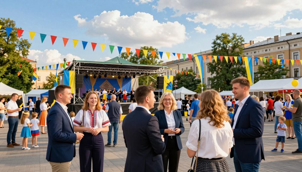 A bright and vibrant day in a Ukrainian city square celebrating May 9th, with colorful decorations and flags adorning the scene. In the foreground, a group of people of diverse ages, dressed in professional business attire and modest casual clothing, engage joyfully, smiling and sharing stories. The middle ground features a large stage with musicians performing traditional Ukrainian songs, surrounded by families and children enjoying festive activities. In the background, the sky is a brilliant blue with soft white clouds, and historic buildings provide a beautiful architectural backdrop. The lighting is warm and inviting, suggesting a cheerful, celebratory atmosphere. The scene captures the essence of unity and remembrance for this special day. A bright and vibrant day in a Ukrainian city square celebrating May 9th, with colorful decorations and flags adorning the scene. In the foreground, a group of people of diverse ages, dressed in professional business attire and modest casual clothing, engage joyfully, smiling and sharing stories. The middle ground features a large stage with musicians performing traditional Ukrainian songs, surrounded by families and children enjoying festive activities. In the background, the sky is a brilliant blue with soft white clouds, and historic buildings provide a beautiful architectural backdrop. The lighting is warm and inviting, suggesting a cheerful, celebratory atmosphere. The scene captures the essence of unity and remembrance for this special day.