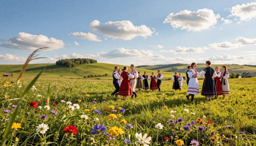 A bright, serene day in a picturesque Ukrainian landscape, showcasing vibrant flowers in the foreground with a gentle breeze rustling the leaves. In the middle ground, a lush green field under a clear blue sky dotted with soft, fluffy clouds. A traditional Ukrainian celebration is taking place with people dressed in colorful, modest clothing, enjoying themselves while engaging in festive activities like dancing and sharing traditional dishes. The sunlight casts a warm golden hue over the scene, enhancing the joyful atmosphere. In the background, rolling hills and distant trees create a peaceful, idyllic setting. The angle captures the energy of the celebration while emphasizing the beauty of nature, evoking a sense of community and harmony. A bright, serene day in a picturesque Ukrainian landscape, showcasing vibrant flowers in the foreground with a gentle breeze rustling the leaves. In the middle ground, a lush green field under a clear blue sky dotted with soft, fluffy clouds. A traditional Ukrainian celebration is taking place with people dressed in colorful, modest clothing, enjoying themselves while engaging in festive activities like dancing and sharing traditional dishes. The sunlight casts a warm golden hue over the scene, enhancing the joyful atmosphere. In the background, rolling hills and distant trees create a peaceful, idyllic setting. The angle captures the energy of the celebration while emphasizing the beauty of nature, evoking a sense of community and harmony.