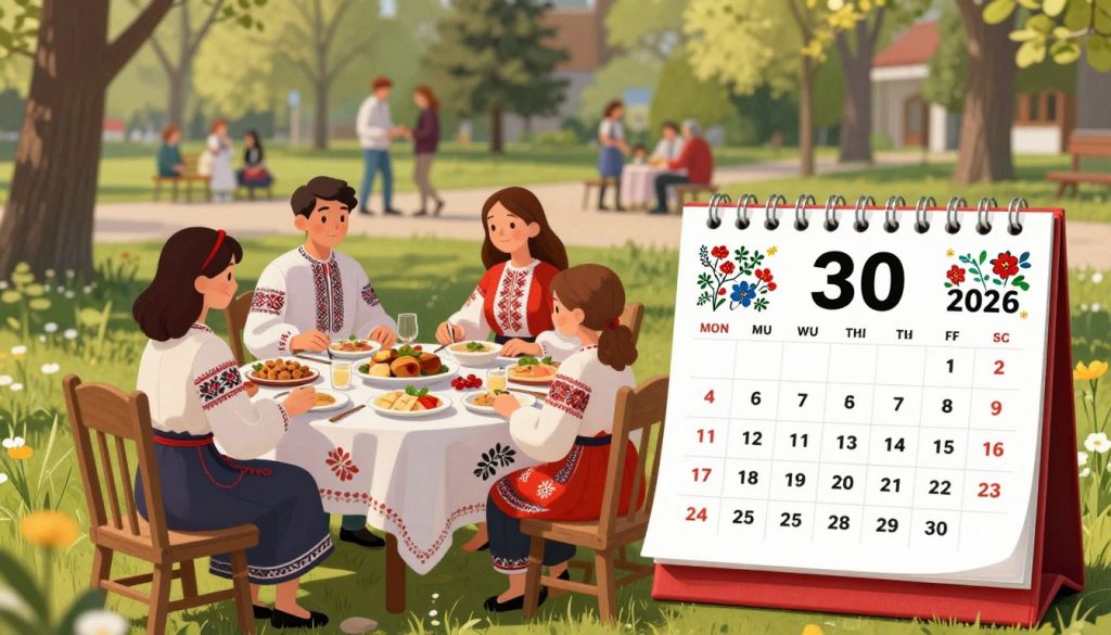 A calendar-themed illustration for April 30, 2026, focusing on Ukrainian holidays. In the foreground, a beautifully designed calendar page displaying the date "30 квітня 2026" adorned with traditional Ukrainian motifs such as flowers and folk art. In the middle ground, a festive table set with traditional dishes and decorations representing local customs, symbolizing the celebration of holidays on this date. In the background, a serene park scene with people in modest casual clothing enjoying the day, capturing a joyful atmosphere. Soft, warm lighting enhances the mood, suggesting a bright spring day. The composition is balanced, offering a sense of cultural richness and community spirit, with a wide-angle view to capture the scenic details. A calendar-themed illustration for April 30, 2026, focusing on Ukrainian holidays. In the foreground, a beautifully designed calendar page displaying the date "30 квітня 2026" adorned with traditional Ukrainian motifs such as flowers and folk art. In the middle ground, a festive table set with traditional dishes and decorations representing local customs, symbolizing the celebration of holidays on this date. In the background, a serene park scene with people in modest casual clothing enjoying the day, capturing a joyful atmosphere. Soft, warm lighting enhances the mood, suggesting a bright spring day. The composition is balanced, offering a sense of cultural richness and community spirit, with a wide-angle view to capture the scenic details.