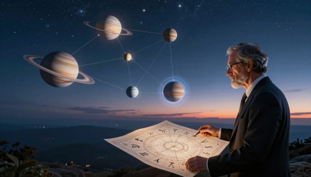 A celestial landscape depicting astrological elements in a harmonious balance. In the foreground, a wise astrologer, dressed in professional business attire, is analyzing a large astrological chart adorned with intricate zodiac symbols under a starlit night sky. In the middle ground, a serene cosmic scene unfolds, illustrating the tension and harmony of planetary alignments—planets like Saturn and Mars highlighted with ethereal light. The background features a breathtaking horizon where the night meets dawn, symbolizing transition and insight. Soft, ambient lighting casts a mystical glow, enhancing the ethereal atmosphere. The composition evokes a sense of contemplation and connection with the universe, inviting viewers to reflect on the astrological influences in their lives. A celestial landscape depicting astrological elements in a harmonious balance. In the foreground, a wise astrologer, dressed in professional business attire, is analyzing a large astrological chart adorned with intricate zodiac symbols under a starlit night sky. In the middle ground, a serene cosmic scene unfolds, illustrating the tension and harmony of planetary alignments—planets like Saturn and Mars highlighted with ethereal light. The background features a breathtaking horizon where the night meets dawn, symbolizing transition and insight. Soft, ambient lighting casts a mystical glow, enhancing the ethereal atmosphere. The composition evokes a sense of contemplation and connection with the universe, inviting viewers to reflect on the astrological influences in their lives.